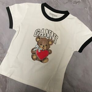 Ganni White Teddy Bear Heart Graphic Ringer T-shirt Retro cute designer top M